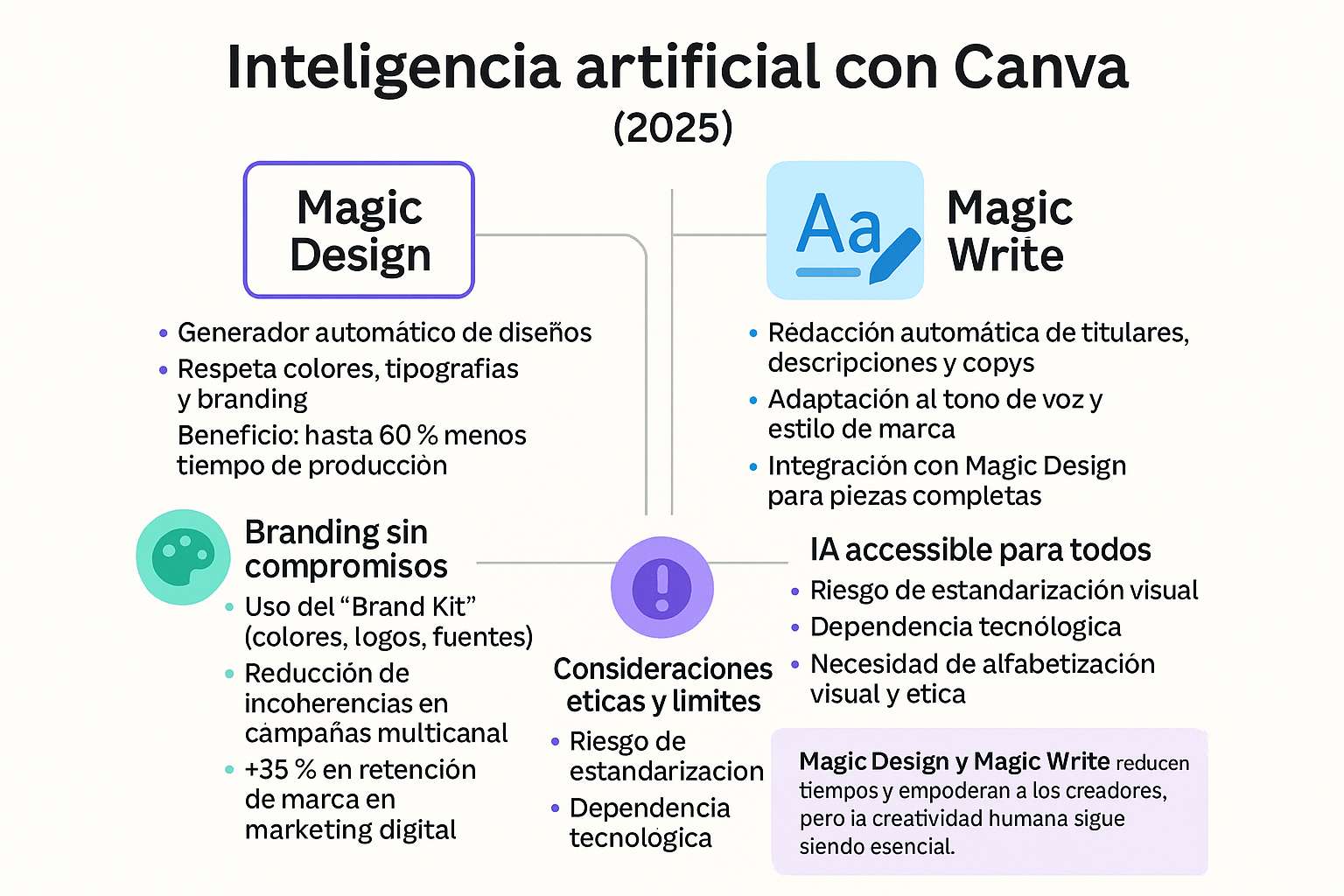 Esquema de inteligencia artificial con Canva: Magic Design, Magic Write, branding, accesibilidad y ética en 2025.